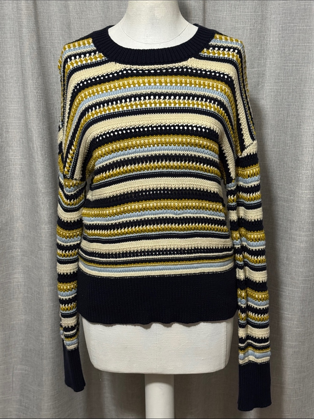 EUC-Ophelia Roe Cotton Sweater-M-Striped/Blues/Beige/Mustard-Crochet Open Knit